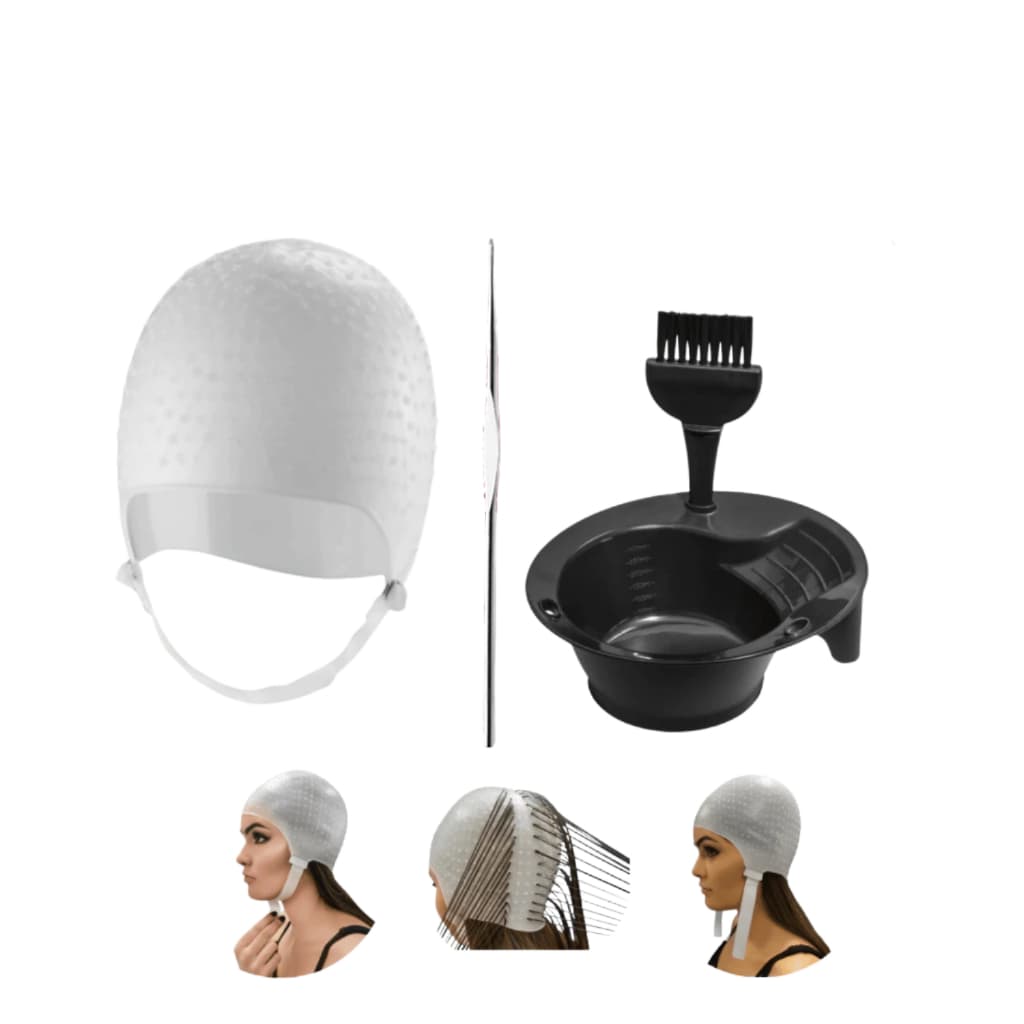 Kit Tintura Tigela Pincel Touca Para Mechas Luzes Siliconada Profissional Agulha Inox Dompel Branca