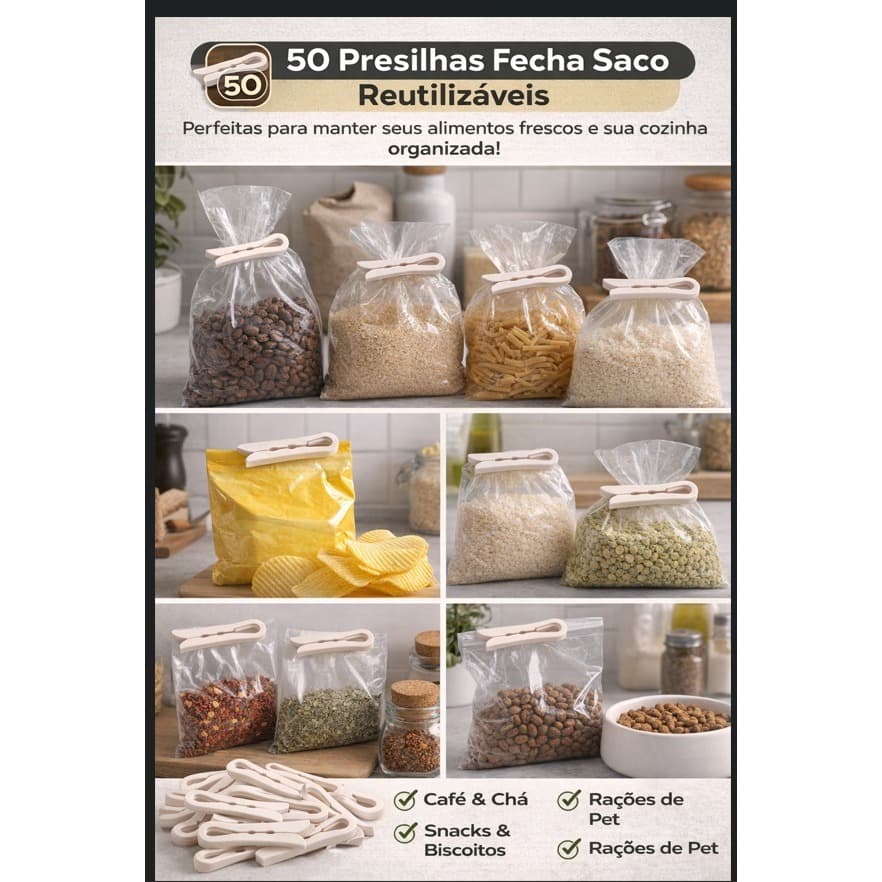 Kit 50 Presilhas Fecha Saco Alimentos Reutilizável Prendedor Embalagens Cozinha Preto ou Branco