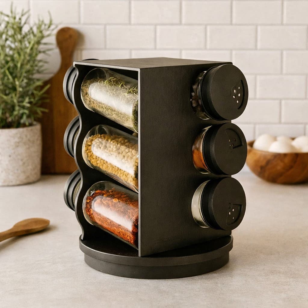 Porta Condimentos Giratório com 6 Potes 80ml – Organizador de Temperos e Especiarias Sal Pimenta Páprica Curry