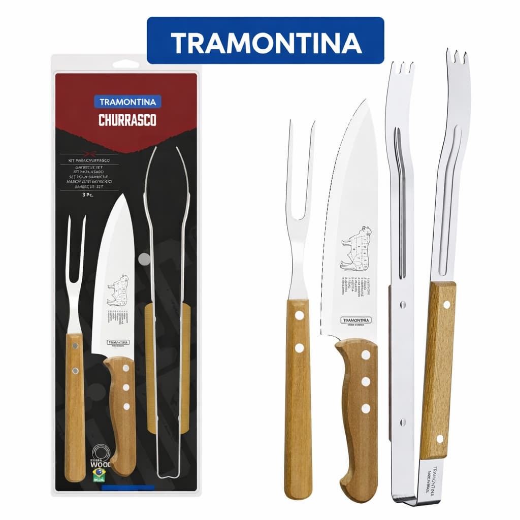 Jogo para Churrasco com Lâminas em Aço Inox e Cabos de Madeira Natural 3 Peças Tramontina