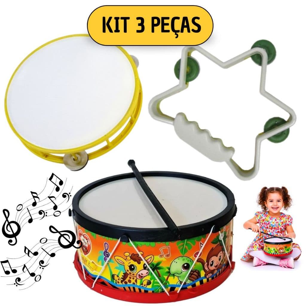 Kit Musical Infantil Brinquedo Tamborzinho + 2 Pandeiros Redondo Musica Instrumentos