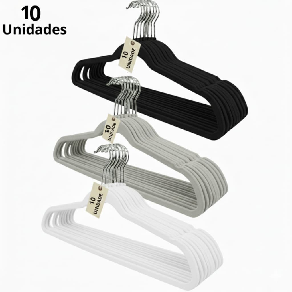 Kit Com 10 Cabides De Plastico Veludo Flexivel Reforçado Roupas Organizador Adulto Preto Cores Preto