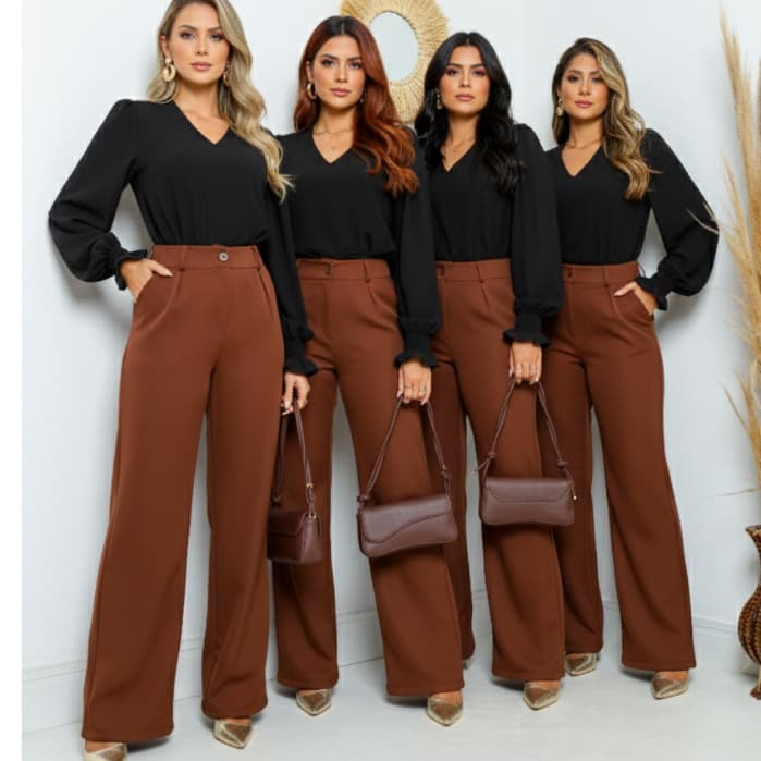 Calça Pantalona Feminina Tecido Alfaiataria Com Ziper na Frente