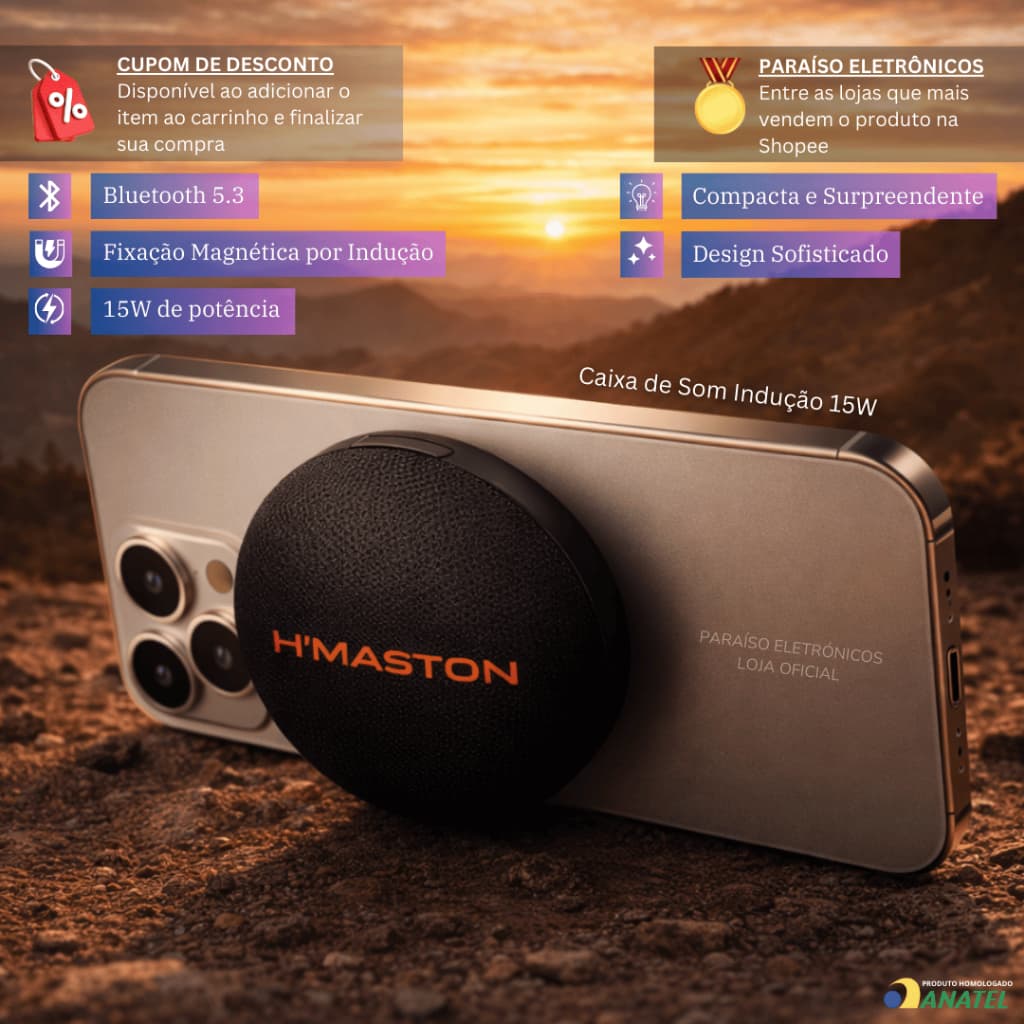 Caixa de Som 15W Indução Magnética Bluetooth Potente Portátil Mini Sem Fio Prova d'Água