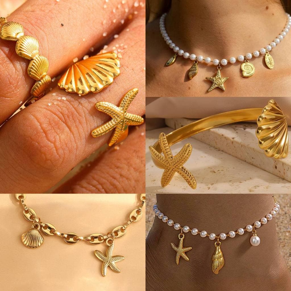 Colar Pulseira e Anel Praia Feminino Aço Inox | Colar Pérola Conchas Estrela do Mar Bracelete Sereia