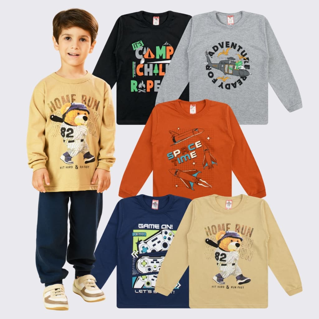 Kit 5 Camisas Manga Longa Infantil Menino Inverno