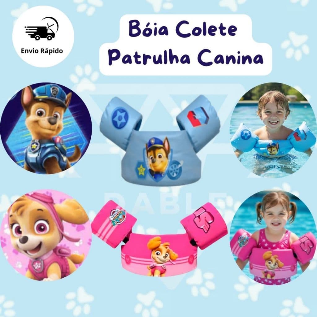 Boia Colete Salva Vidas Infantil Patrulha Canina Chase Skye Flutuante para Piscina Criança com Braço Segurança Verão