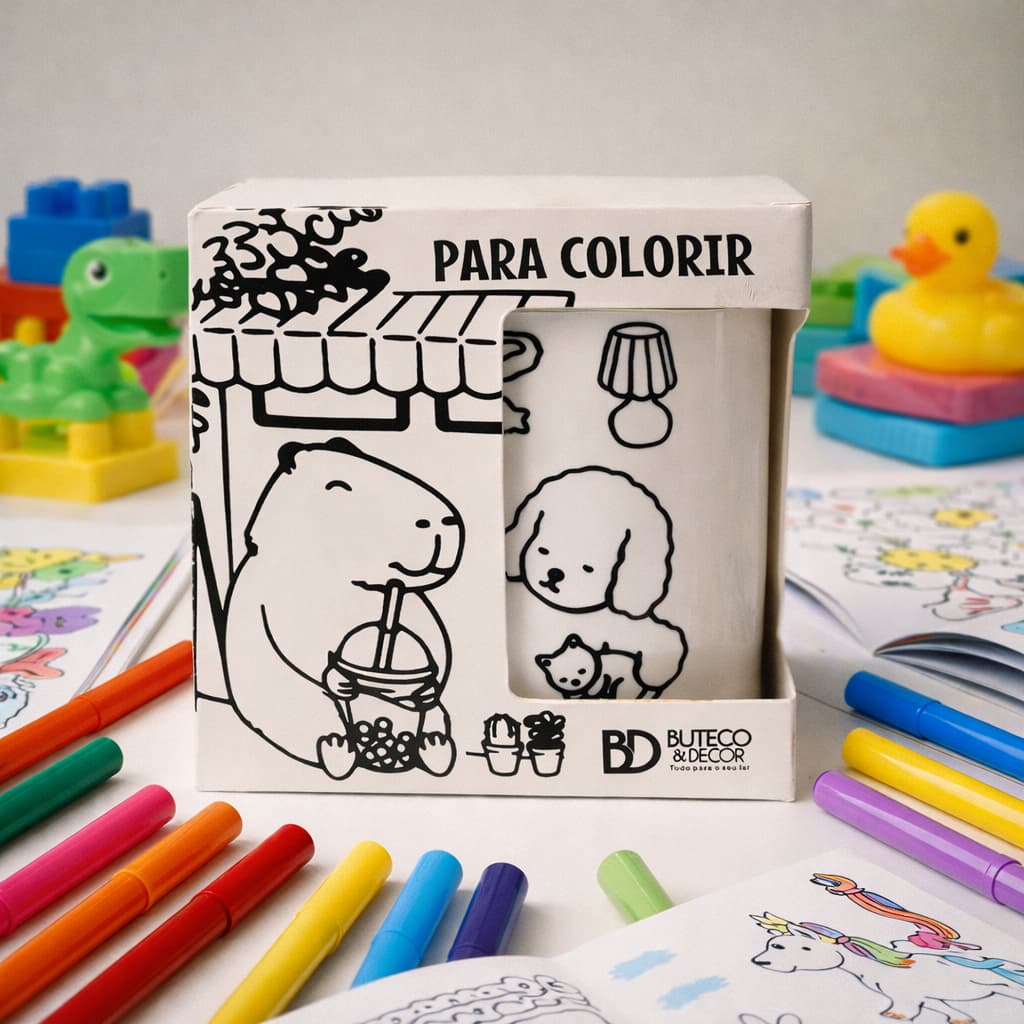 Kit 6 Canecas de Colorir + 6 Caixas personalizadas 400ml SORTIDAS Plástico  diversão canetinhas