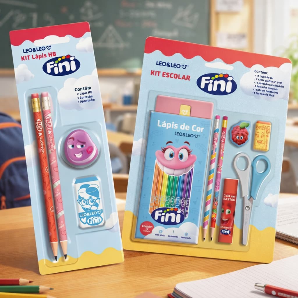 Kit Escolar Fini Leo e Leo com Lápis de Cor Tesoura Cola e Acessórios