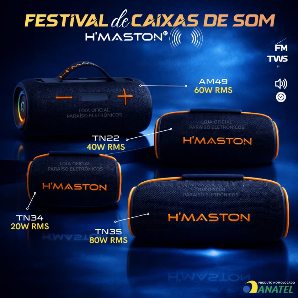 Caixa de Som Bluetooth GRAVE POTENTE LED TWS PROVA D'ÁGUA HMASTON ORIGINAL 20W/40W/60W/80W