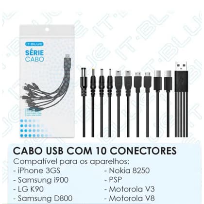 Cabo USB Para Celular 10 Em 1 Universal