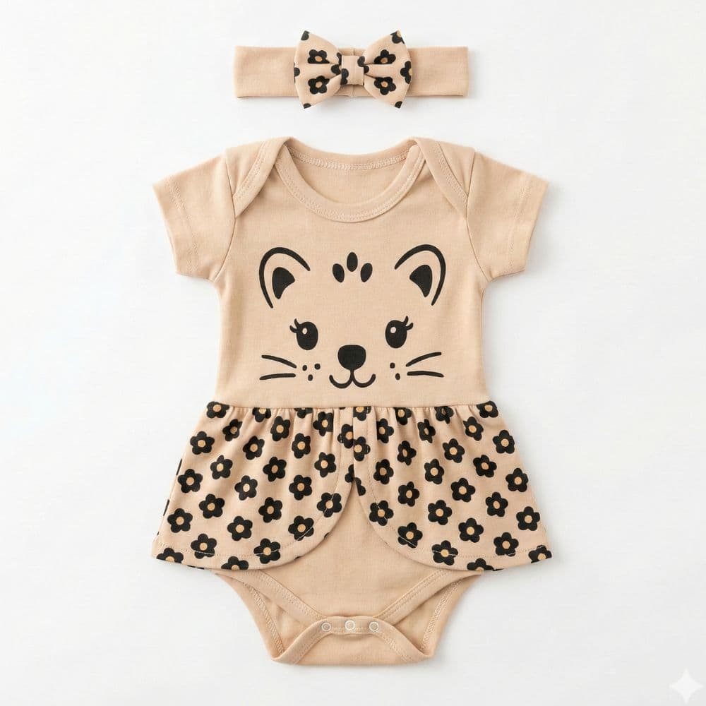 Body Vestido Feminino Bebê Gatinha Confortavel Manga Curta Menina Estampado infantil algodão