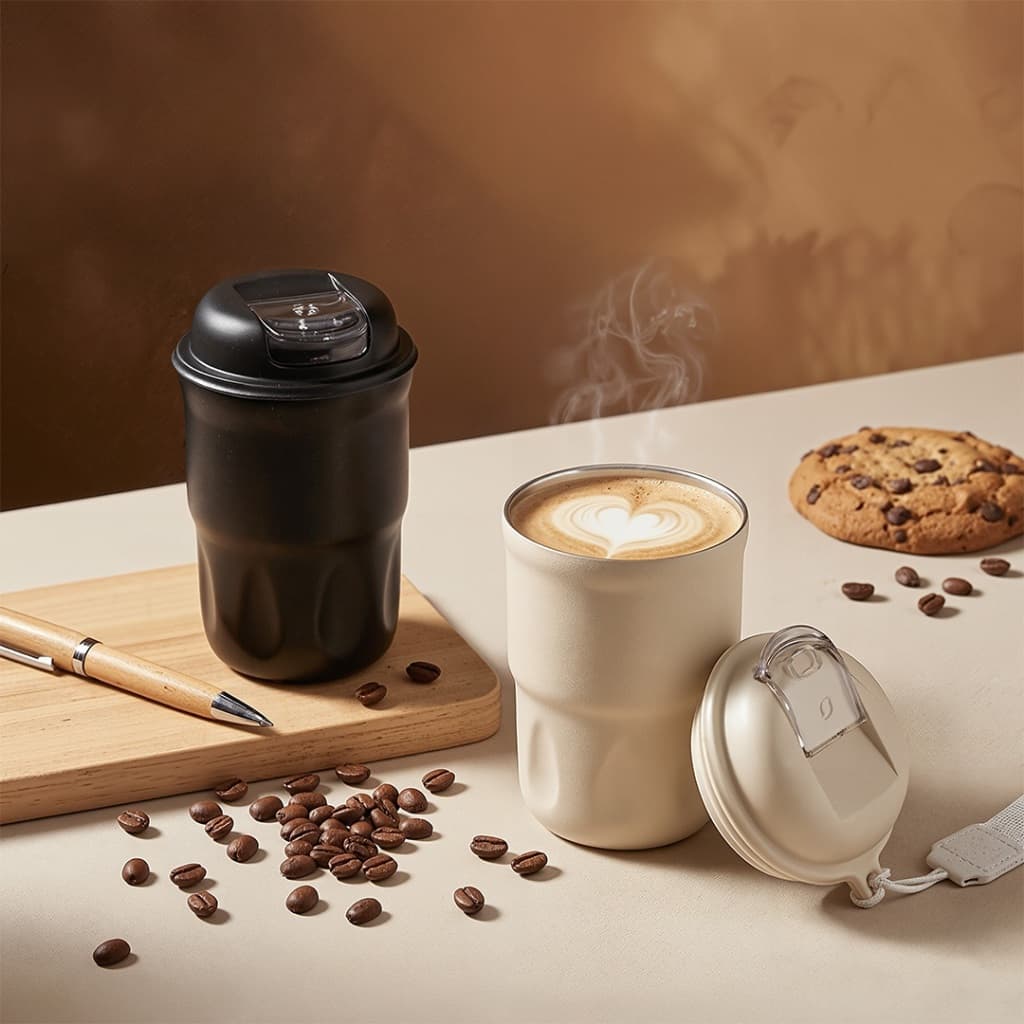 Copo Térmico Café 350ml Inox Tampa Trava Alça Antiderrapante - Café Chá Bebida Quente Escritório
