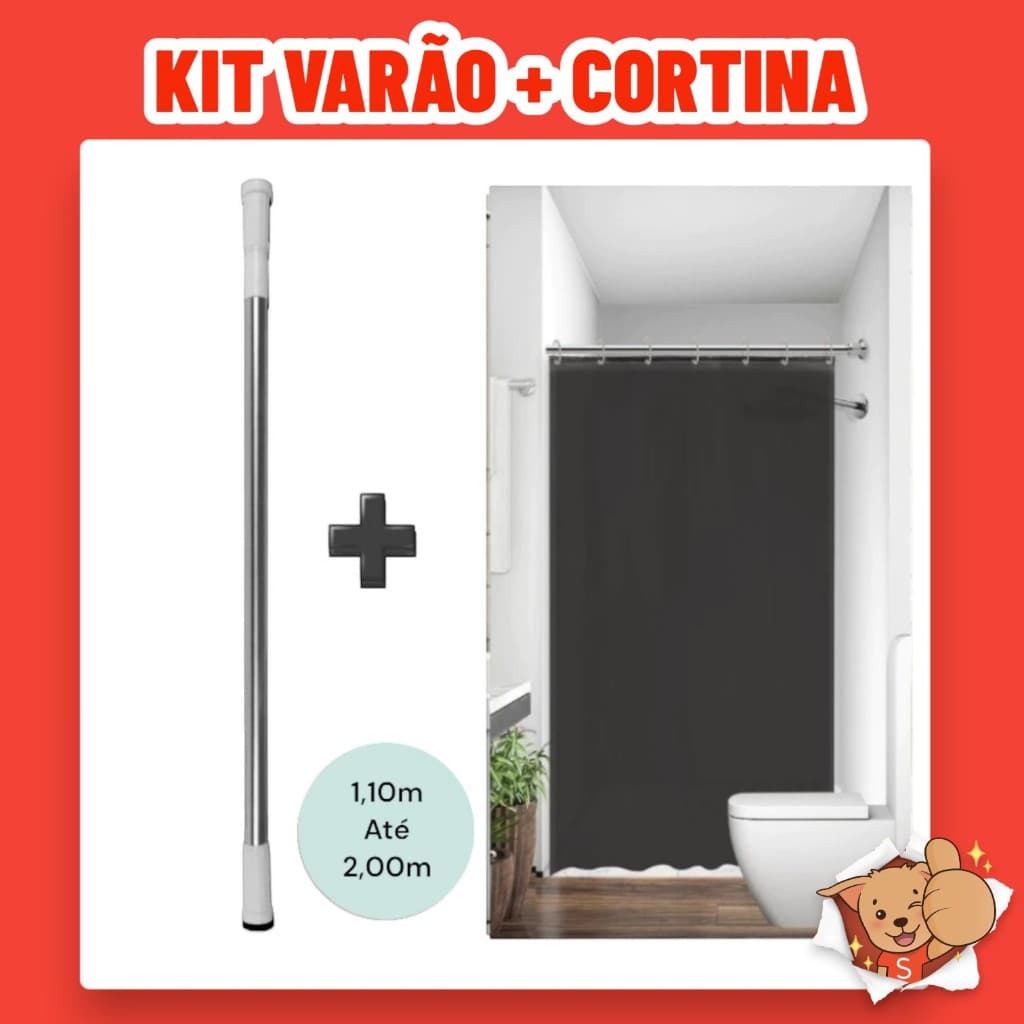 Kit Varão + Cortina Box de Banheiro Preto Tecido Poliéster Bastão Extensível Alumínio 1,10m á 2,00m