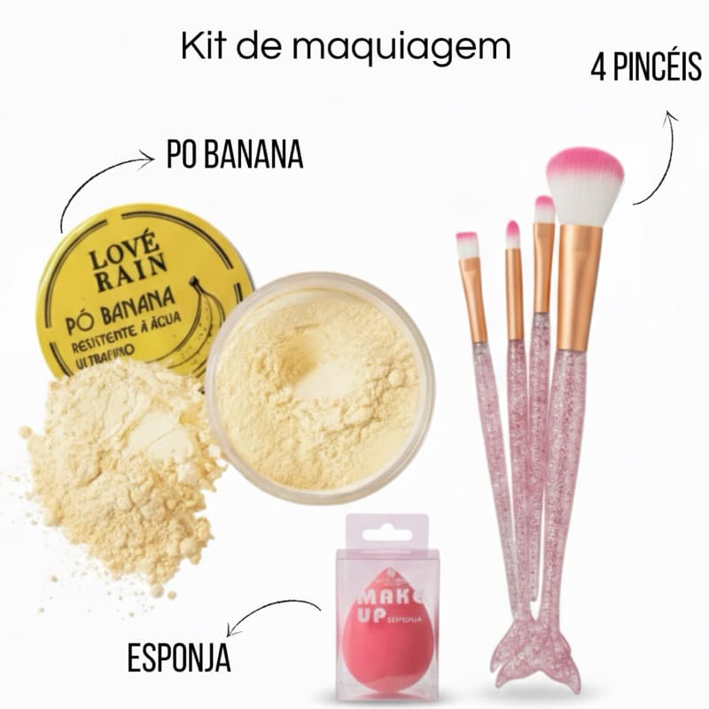 kit Maquiagem 1 Pó banana Love rain + 4 Pincéis + Esponja