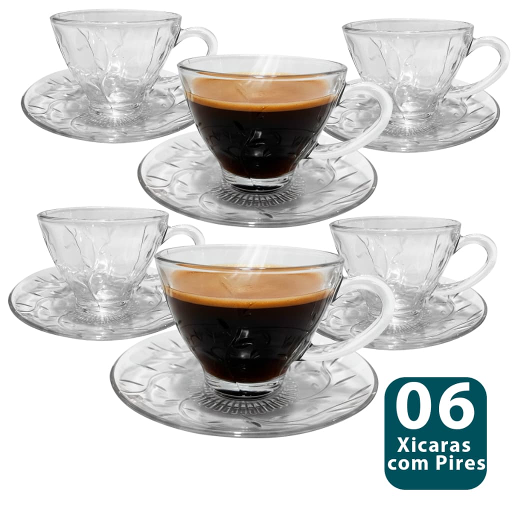 kit conjunto de Xícaras com Pires 12 Peças de vidro sendo: 6 xicaras + 6 Pires 220ml xicara de café