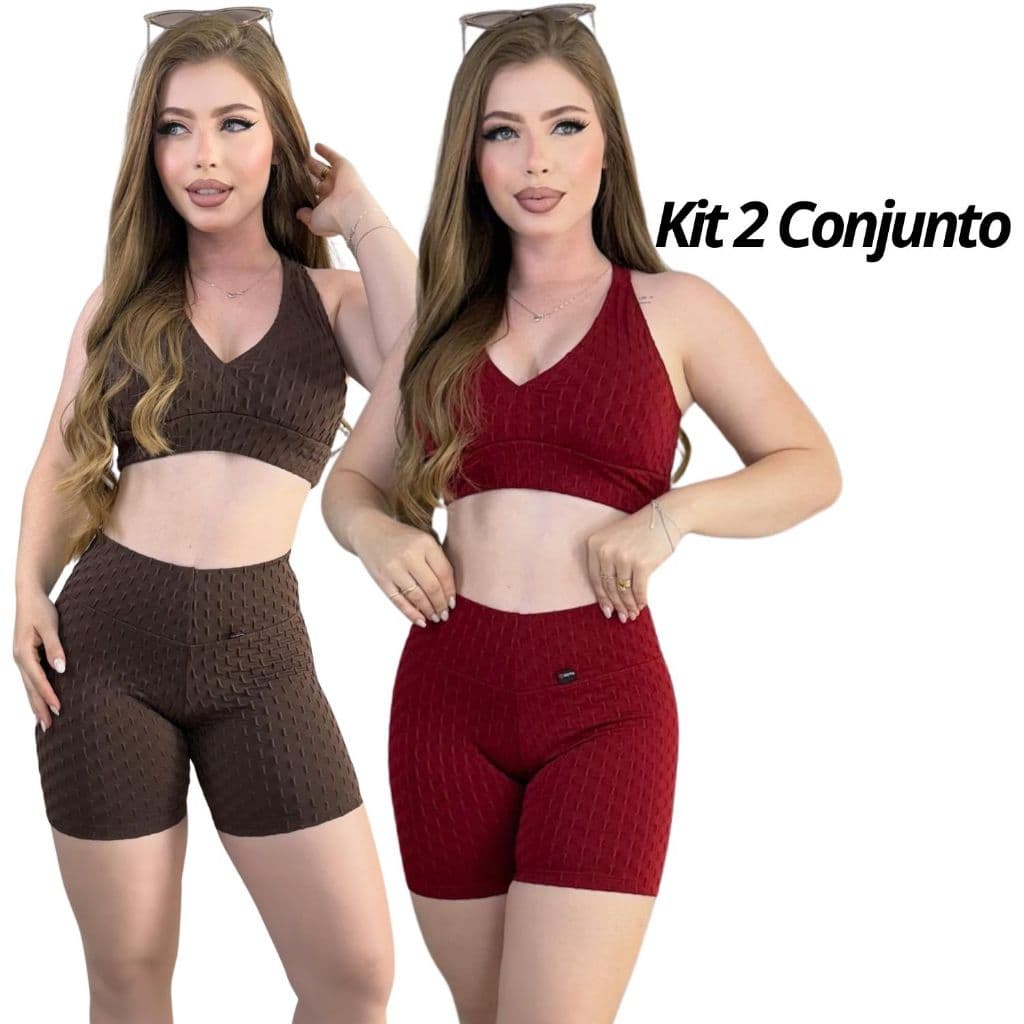Kit 2 Conjuntos De Academia Feminino Short+Top Jaquard Bolha Brocada Modela O Corpo Zero Transparência