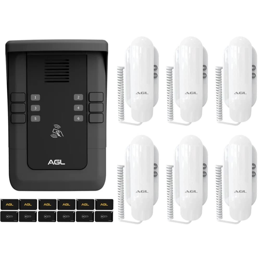 KIT PORTEIRO COLETIVO AGL S500 6 PONTOS BLUETOOTH+ 6 MONOFONES + 12 TAG -  (KIT INTERFONE)