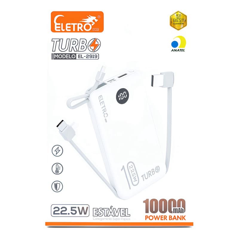Power Bank 10000mAh Eletro Turbo 22.5W Carregamento Rápido Com Cabos Embutidos