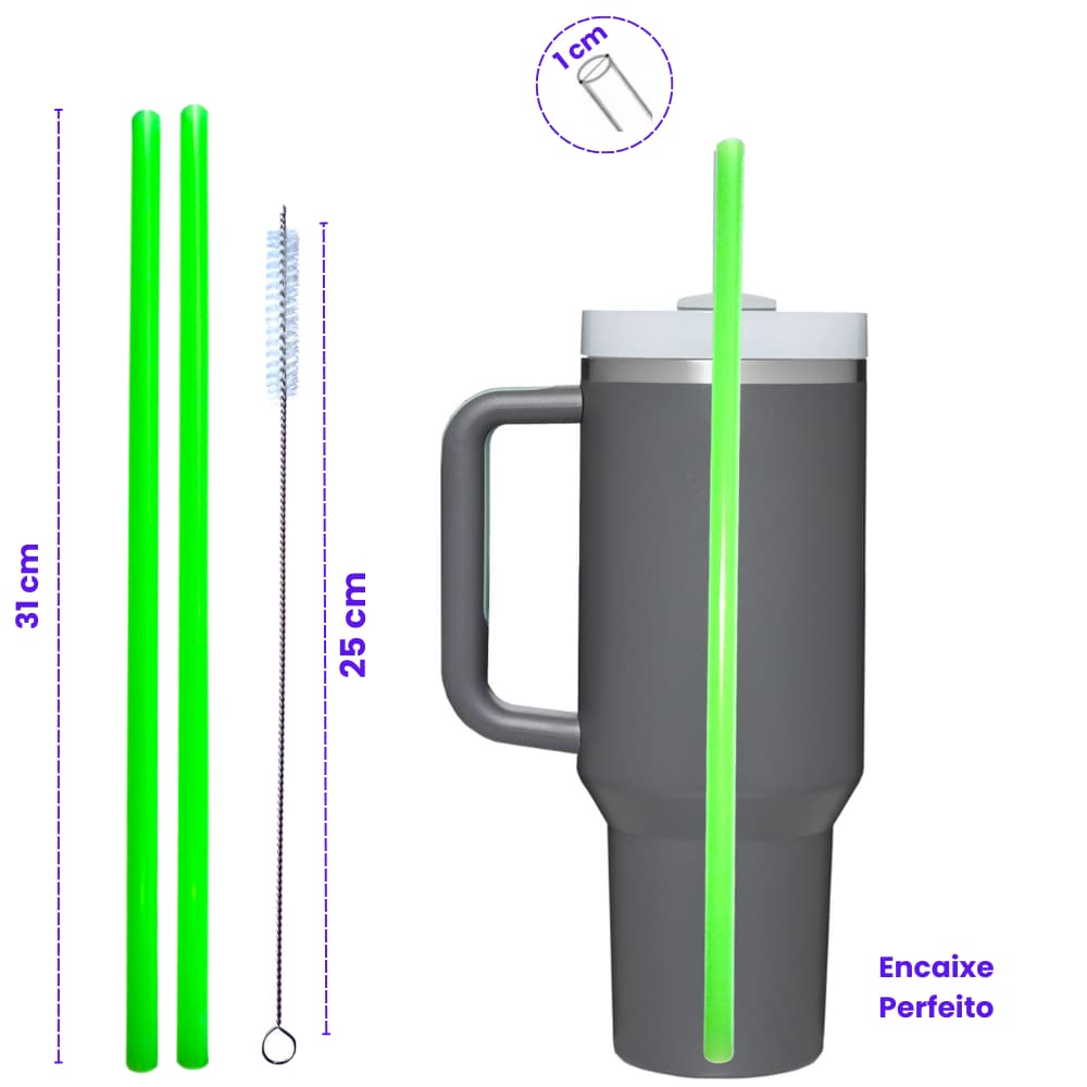 Kit 2 Canudos Verde Neon para Quencher 31cm + Escovinha Limpeza 25cm | Reposição Substituição