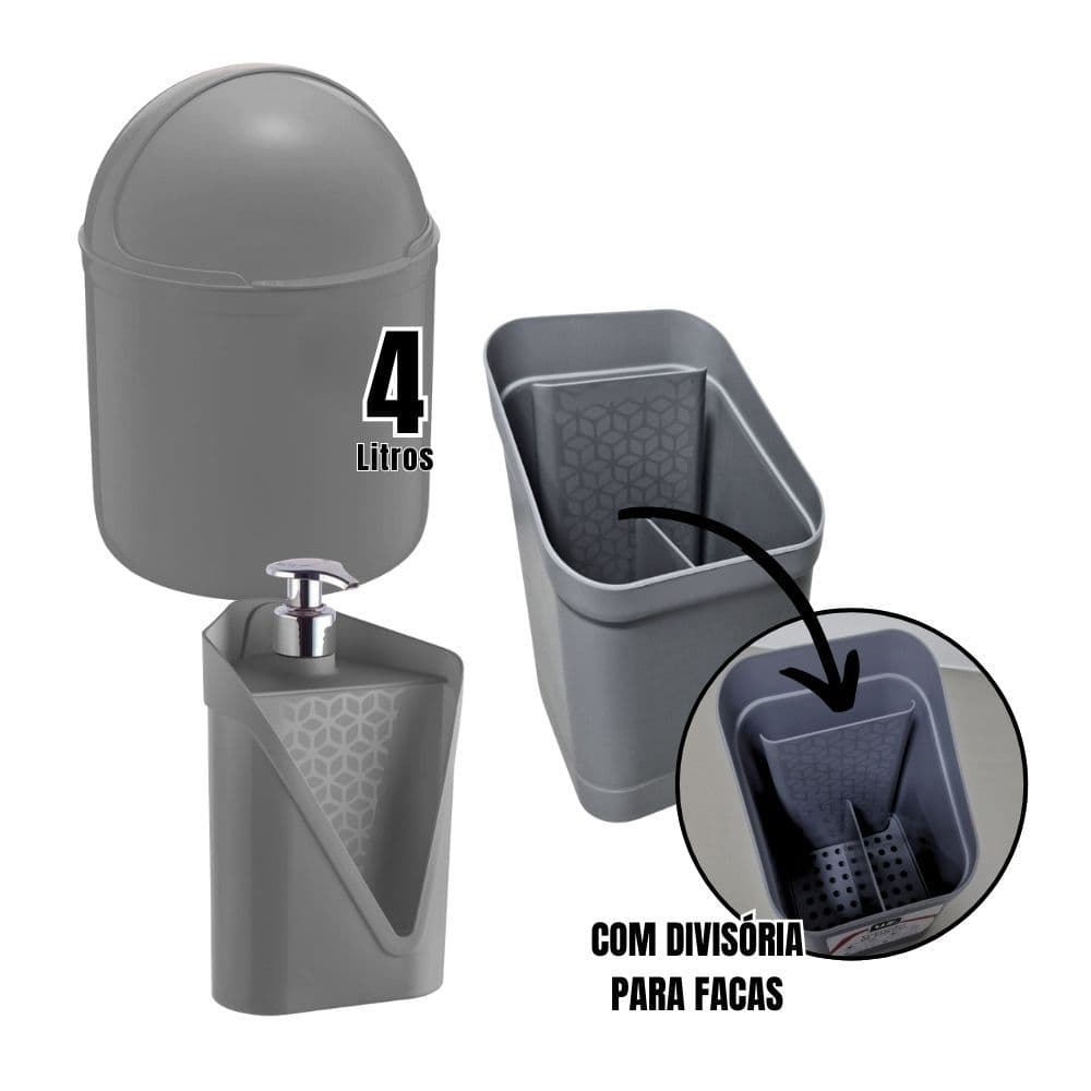 Kit 3 Peças Lixeira 4L, Dispenser Click Detergente 500ml, Escorredor de Talheres Slim Pia Cozinha/ Kit 2 Peças