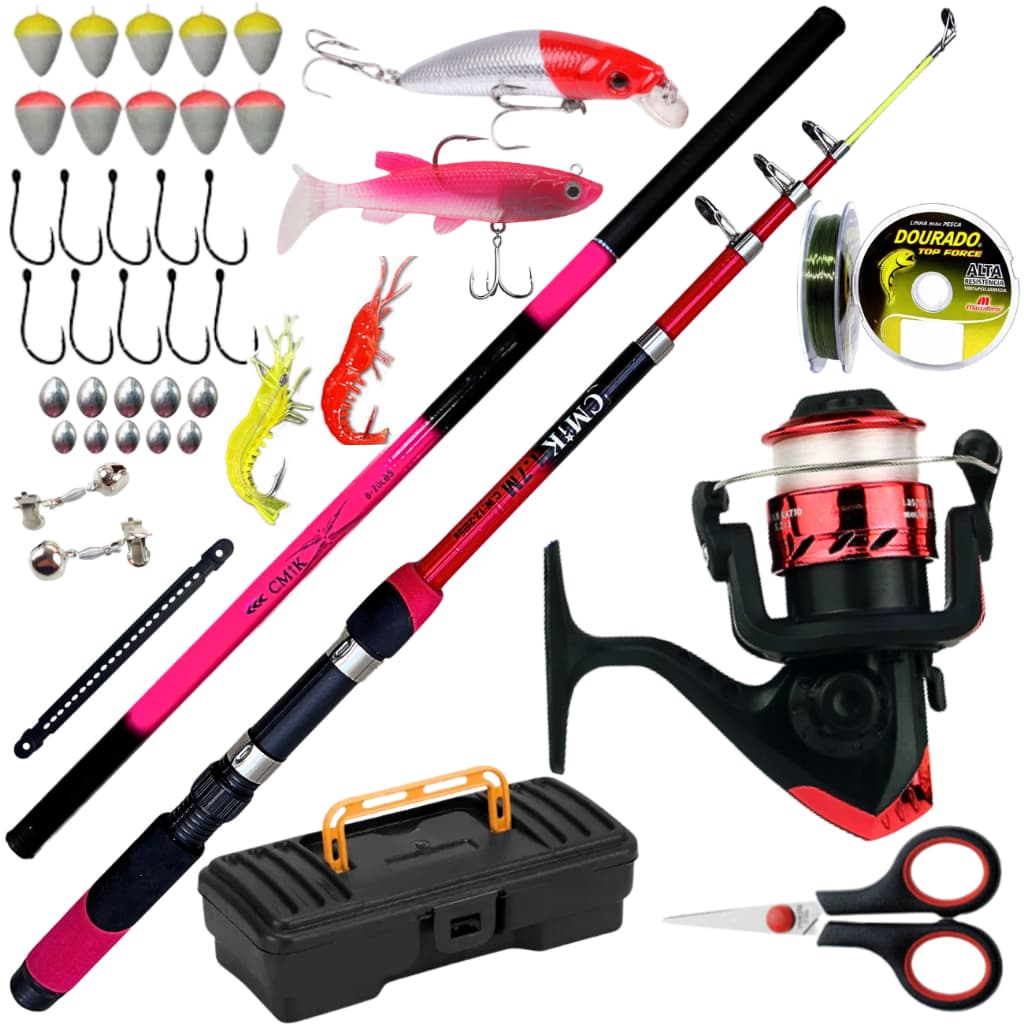 Molinete com Vara de Pesca Vara Mão 2,70 Isca Artificial Linha Monofilamento 0,30mm Sambura Anzol