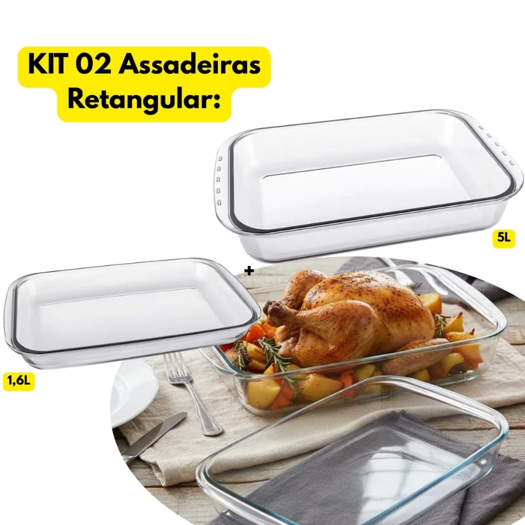 Jogo Kit 02 Assadeira Vidro Marinex Retangular Funda 5L + 1,6L Resistente Refratario Vasilha Forma