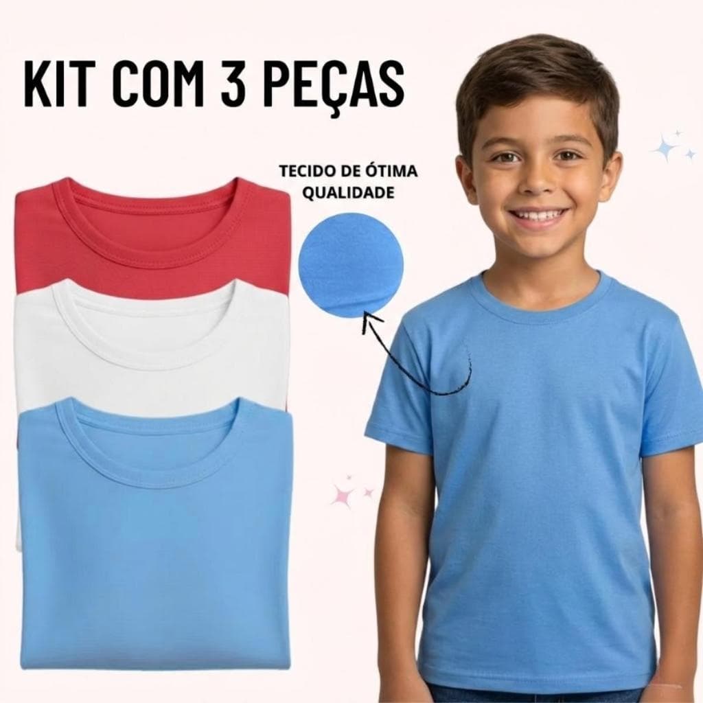 Kit 3 Camisetas Infantis Básicas Unissex Menino e Menina em Algodão - Volta às Aulas (Tam 1 ao 8)
