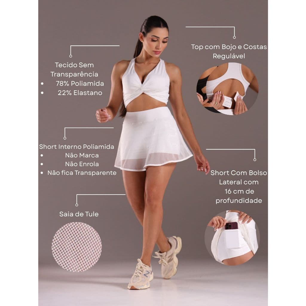 Conjunto Fitness em Poliamida Premium Top e Short Saia com Bolso Feminino Ideal para Treino Academia Fitness Yoga