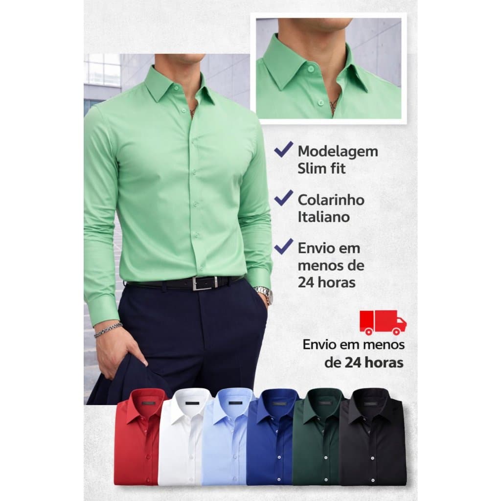 Camisa Masculina Social Masculina Manga Longa Lisa Moderna Slim - Tamanho P, M, G e GG