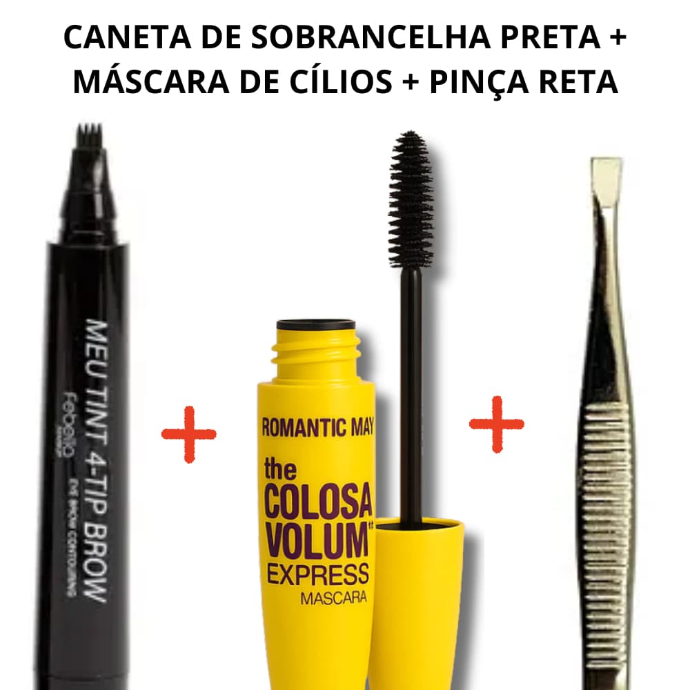 Kit Caneta de Sobrancelha Preta Fio a Fio Máscara de Cilios The Colossal Pinça Reta Alta Precisão