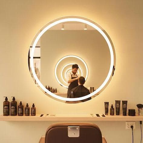 Espelho Redondo Grande Jateado Elegante para Barbearia com Led 3 Cores e Botao Touch