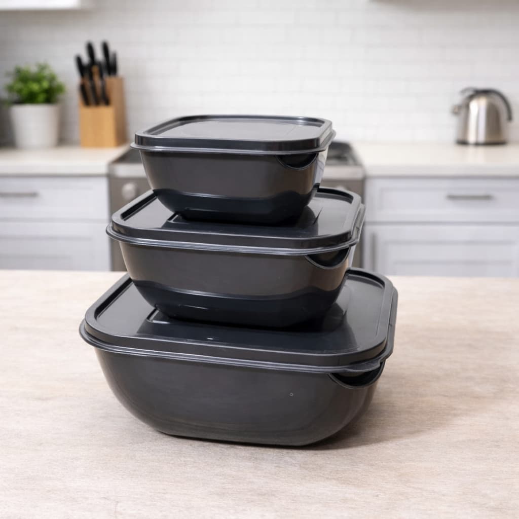 Conjunto Potes Plásticos Quadrados 3 peças Preto