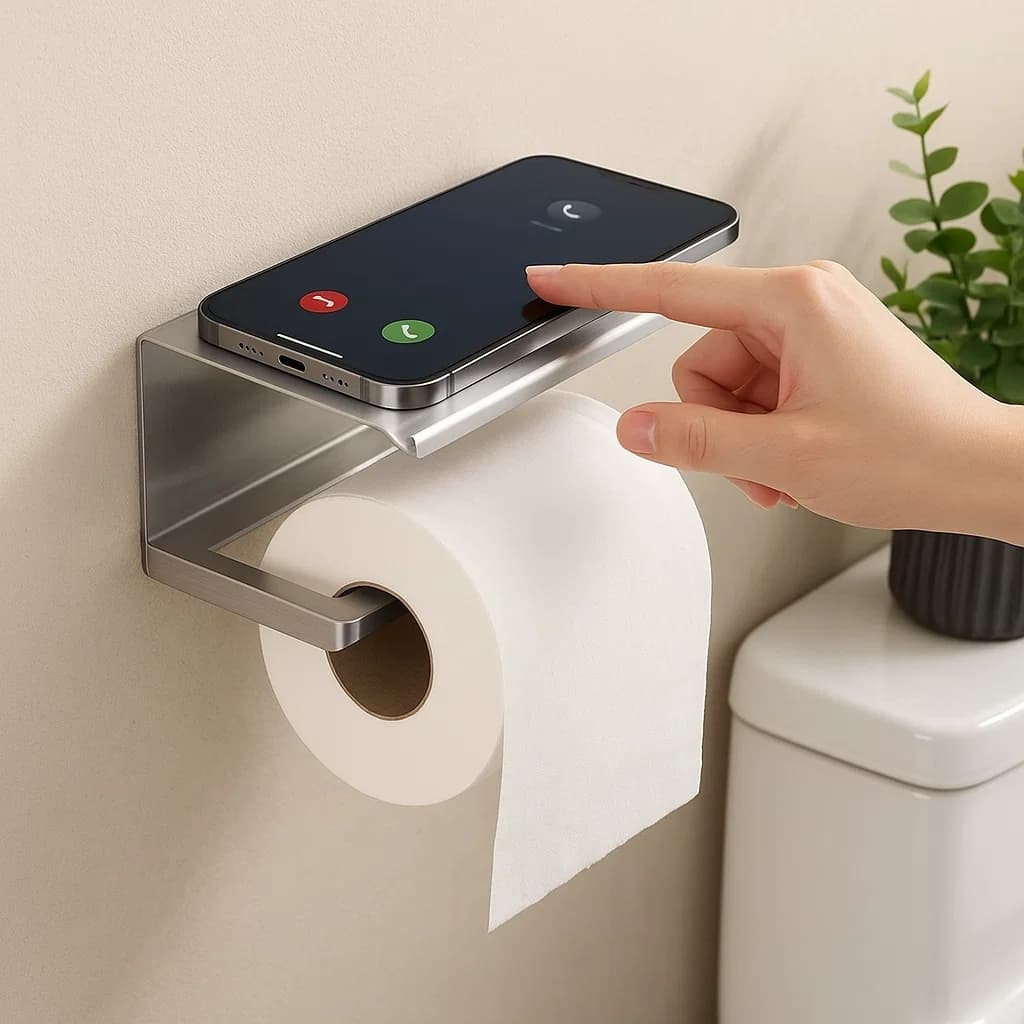 Porta Papel Higiênico Inox Suporte Parede Banheiro Apoio Celular Gancho Equipamento