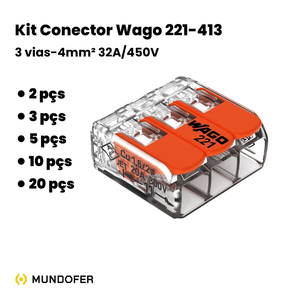 Kit 2,3,5 peças Conector Elétrico Emenda Para fios Wago 221 Original 4mm² 413