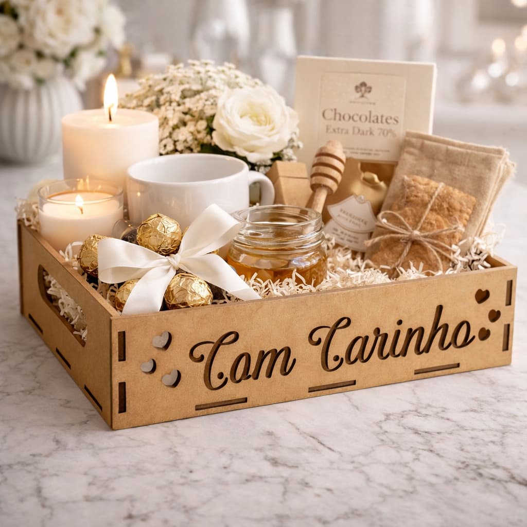 Kit Bandejas Escrita Com Carinho e Corações 20x15x5 MDF Cru Organizador Presente Cesta Doces Perfume