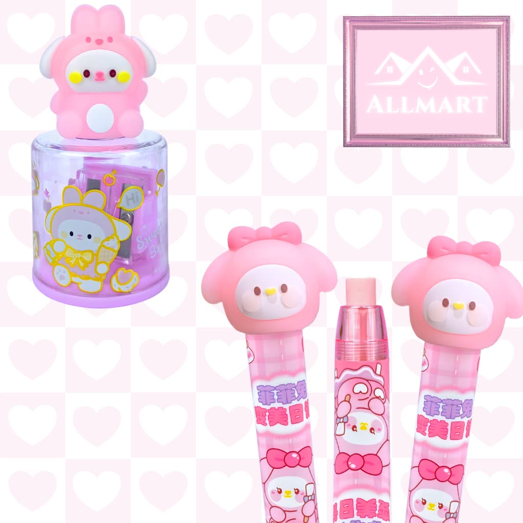 Kit Apontador Menina + Borracha Retrátil Fofa | Papelaria Kawaii Infantil