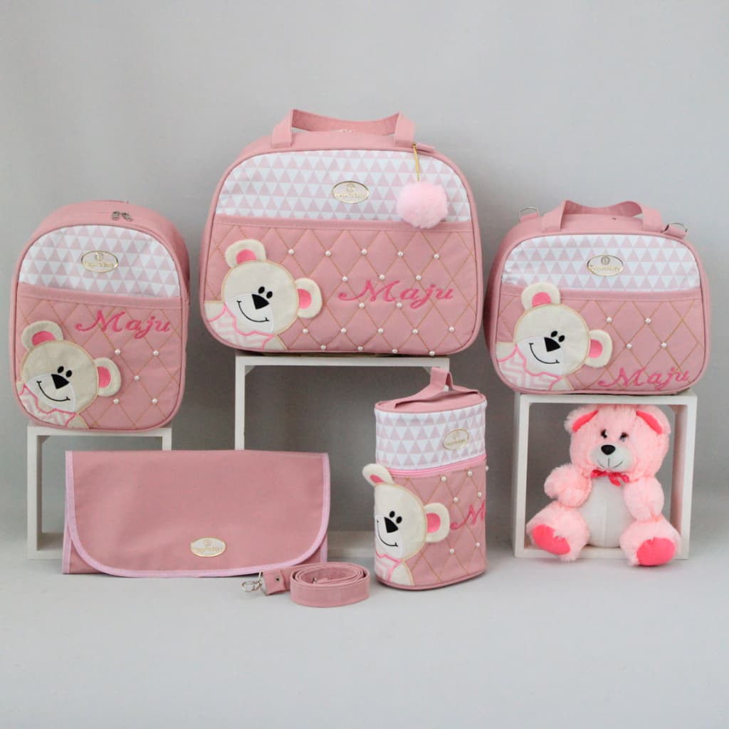 KIT BOLSA MATERNIDADE URSO DE LADO PERSONALIZADO 5 PEÇAS (ROSA)