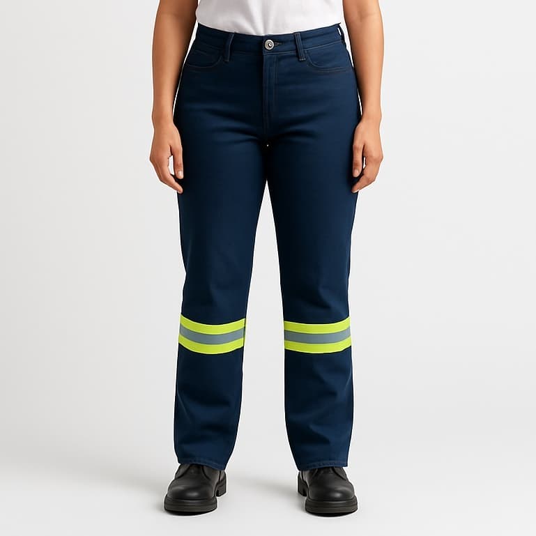 Calça Jeans Escuro Feminina Faixa Refletiva Neon Premium Reforçada Confortável Técnica Trabalho Obra