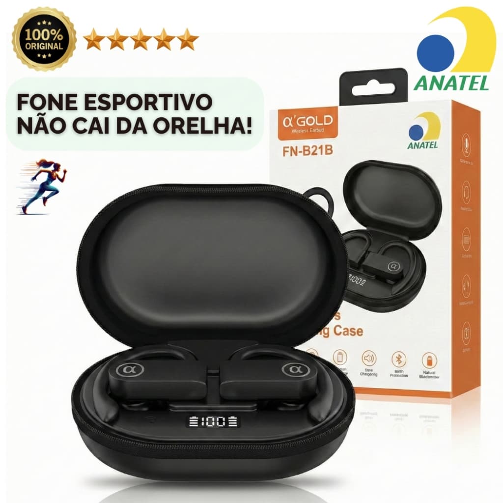 Fone Bluetooth Esportivo Gancho Para Correr Não Cai Treino Academia Android iPhone Display A'Gold