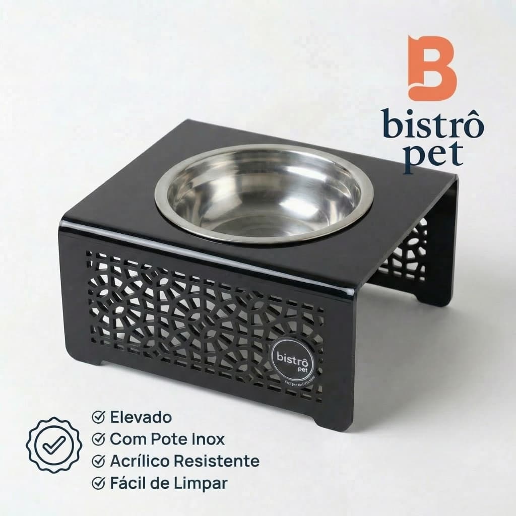 Comedouro Elevado em Acrílico Para Gato com Pote Inox Resistente Moderno Antiformiga