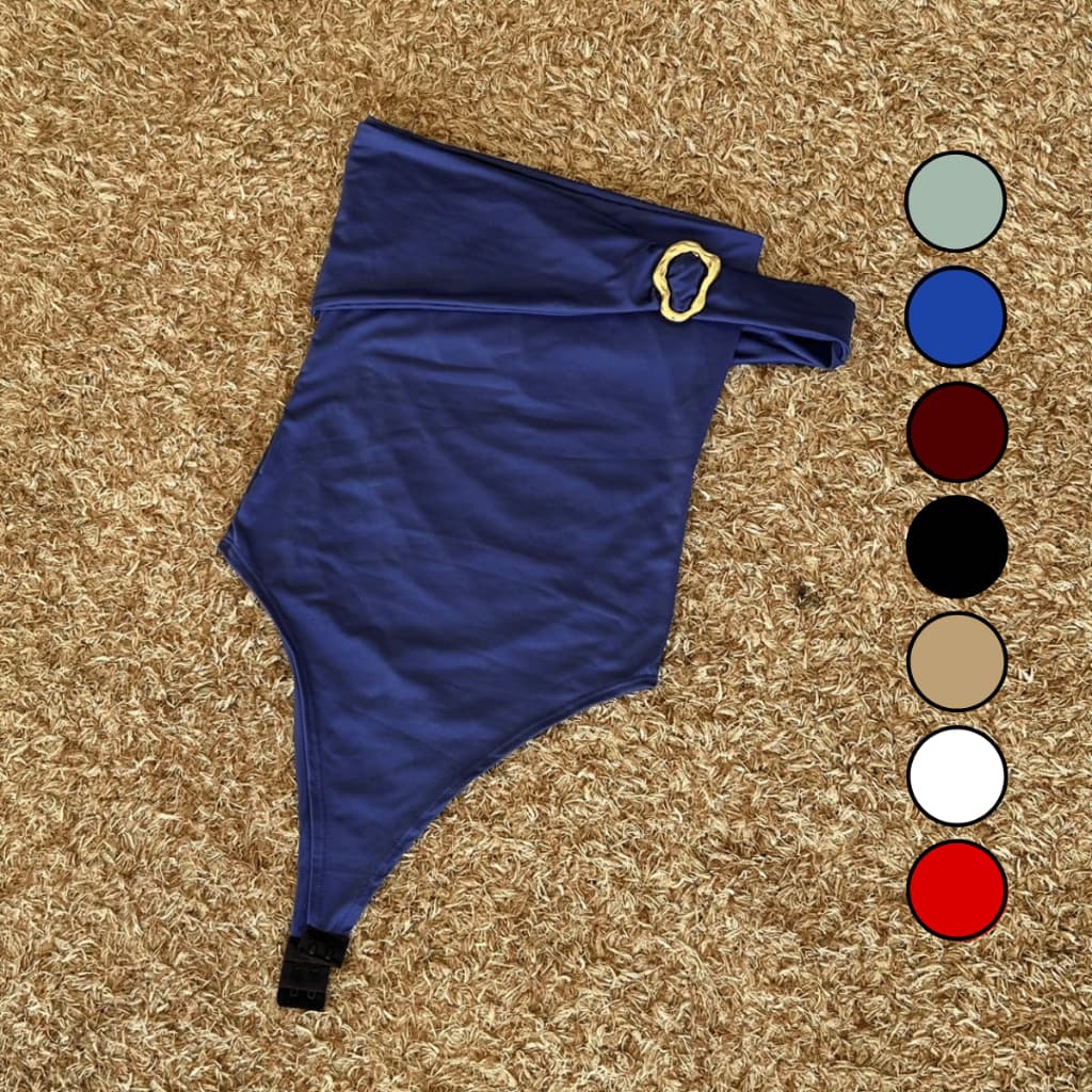 Body Faixa Fivela Dourada Um Ombro Só Nula Manga Collant Feminino Mula Manca Assimétrica Bori Forrado Moda Gringa Verão