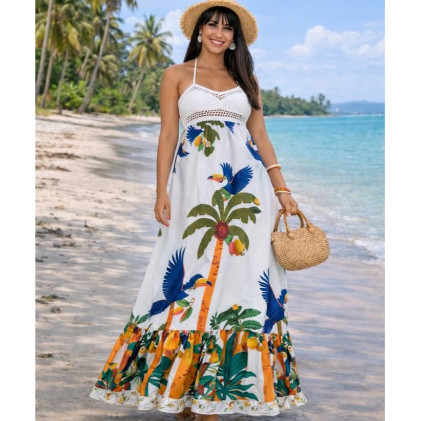 Vestido Longo Crochê Feminino Costas Nuas Estampa Tropical Arara Verão