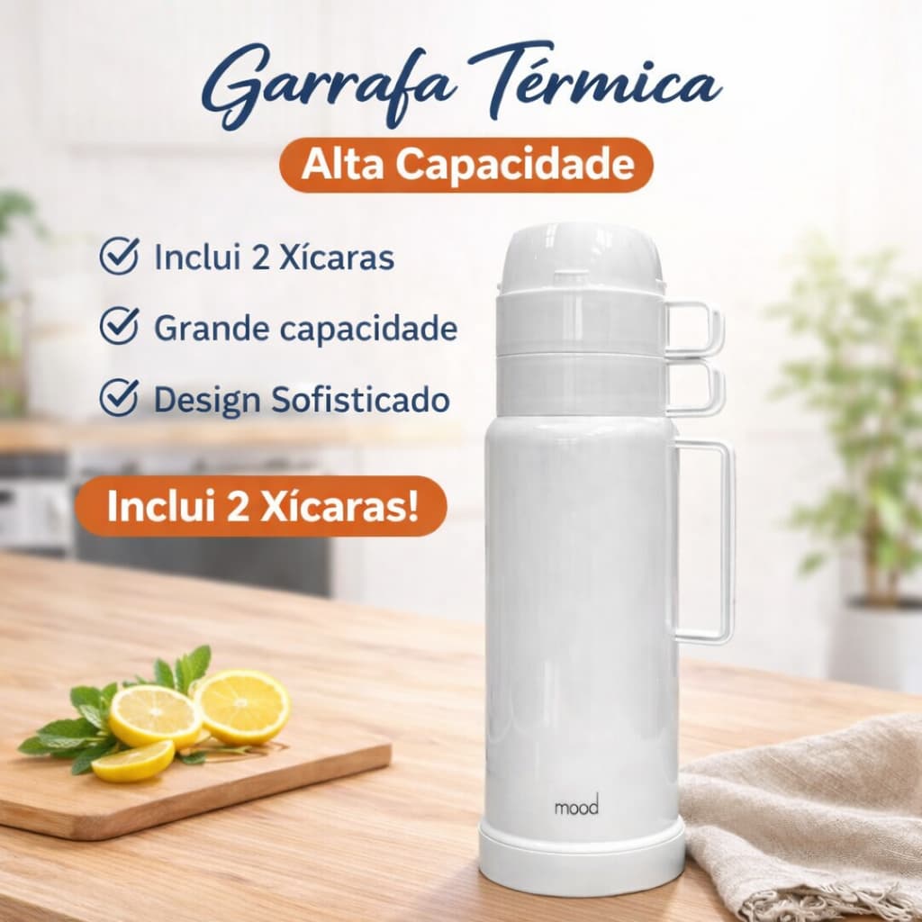 Conjunto de Garrafa Térmica com 2 Xícaras 1L Branca Moderna - Mood