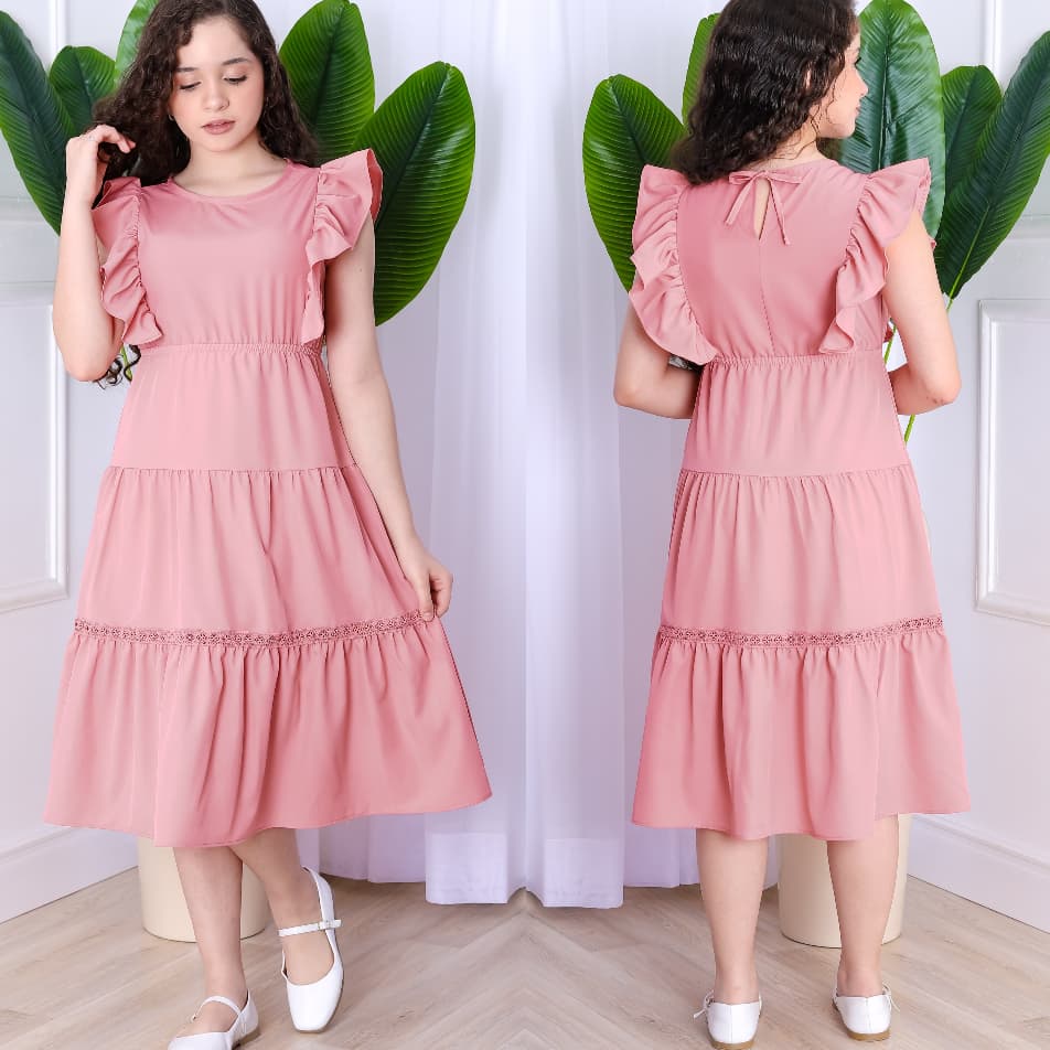 Vestido Infantil Juvenil Manga Babado Saia Três Maria com Renda  Elástico na Cintura
