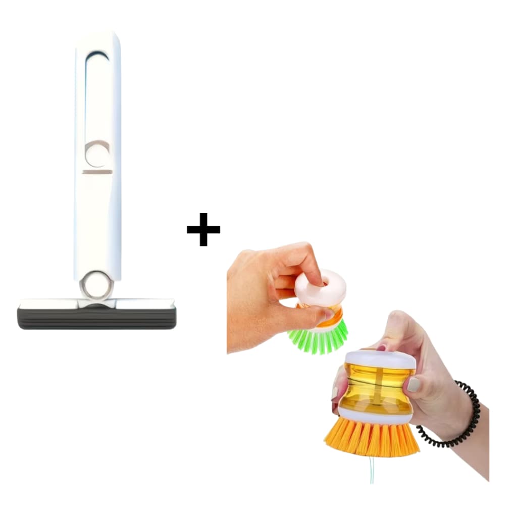 Kit Limpeza 2 em 1 Mini Mop Portátil + Escova Lava Louça com Dispenser Rodo Absorvente Limpeza Pia Vidro Cozinha Casa