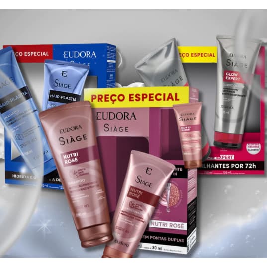 Kit Eudora Siàge Nutri Rosé ou  Hair Plástia , Kit Liso Intenso, Kit Glow Expert Shampoo + Condicionador