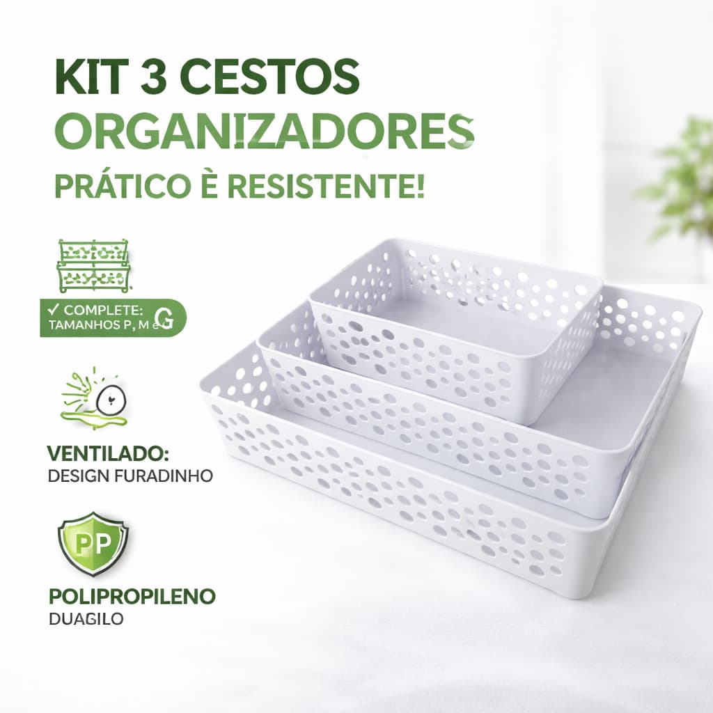 Kit 3 Cestos Organizadores Branco Furado P M G Caixa Organizadora Multiuso Plástico