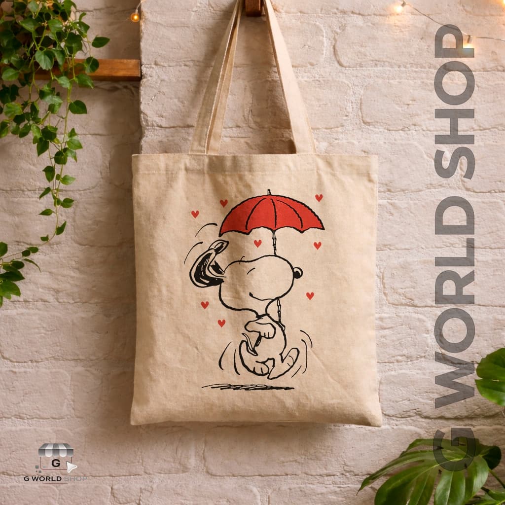 Bolsa Ecobag Sacola Ecológica Estampada Snoopy Apaixonado de Guarda Chuva Ótima Bolsa Feminina de Tecido Algodão
