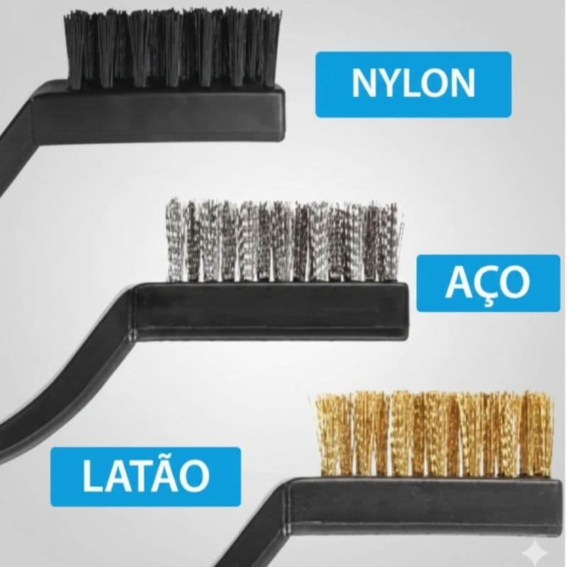 Kit 3 Escovas De Limpeza - Aço, Latão e Nylon - Limpa Ferrugem, Grelha, Fogão e Rejunte (17,5cm)